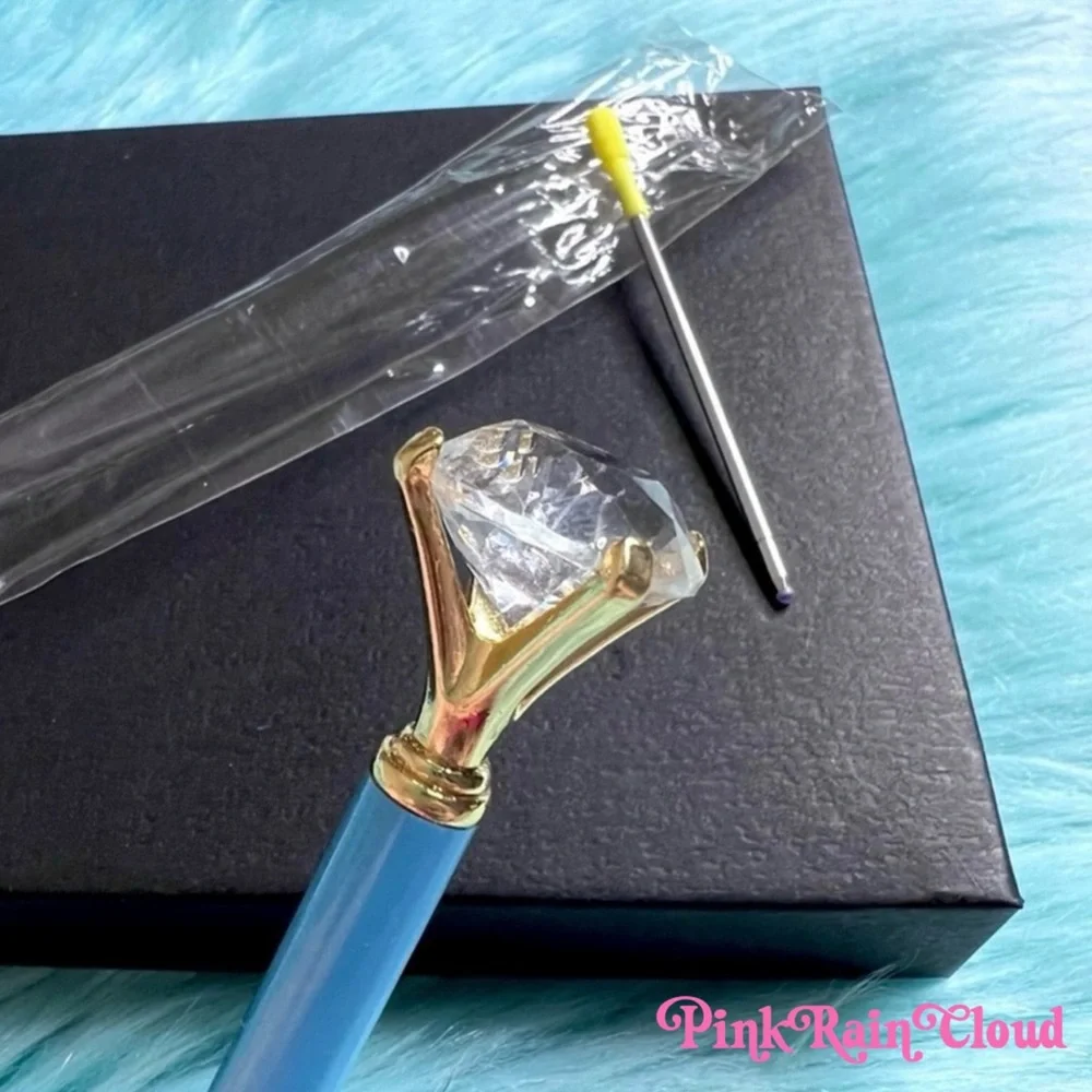 Diamond Top Metallic Blue Metal Ballpoint Pen + Black Ink Refill PinkRainCloud